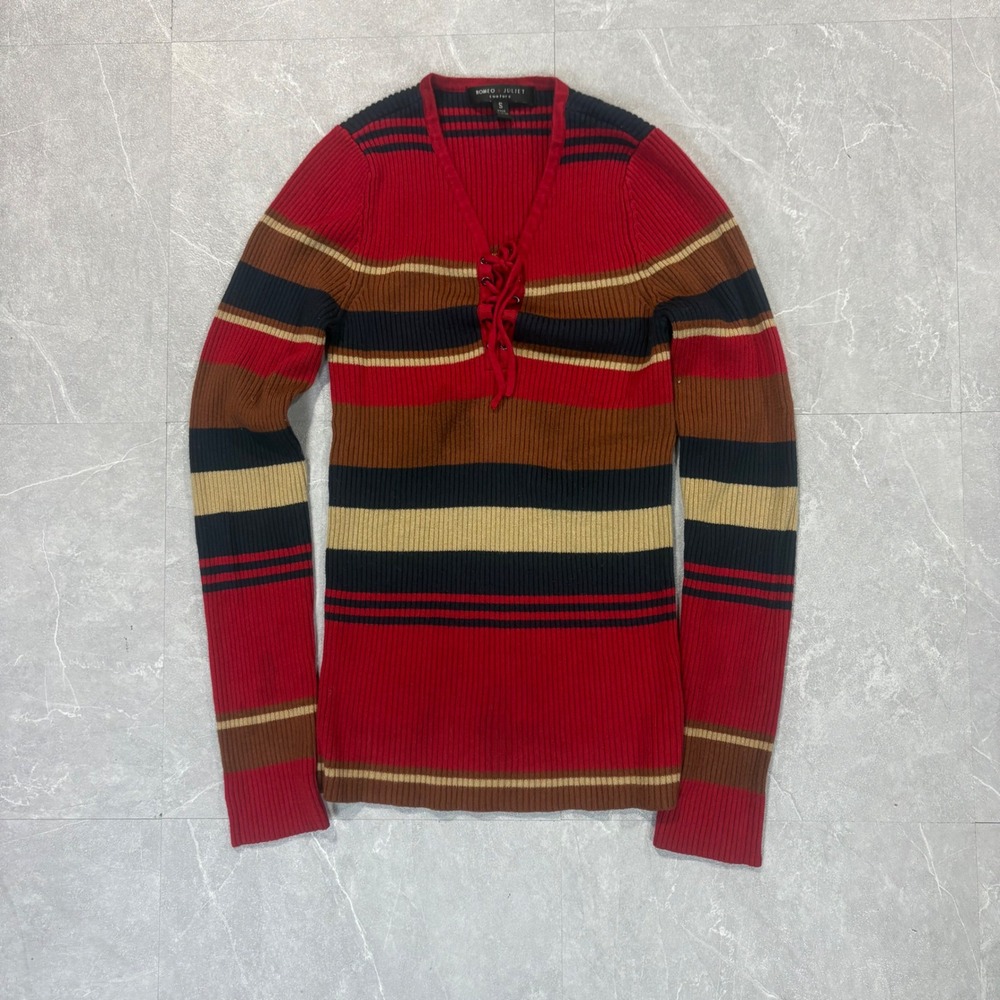 Romeo + Juliet Couture Striped Lace Up Ribbed Knit Sweater Red Navy Small
